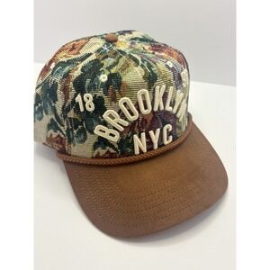Mad Engine Brooklyn NYC Tapestry Floral Snapback Hat Brown Faux Suede Rope Cap